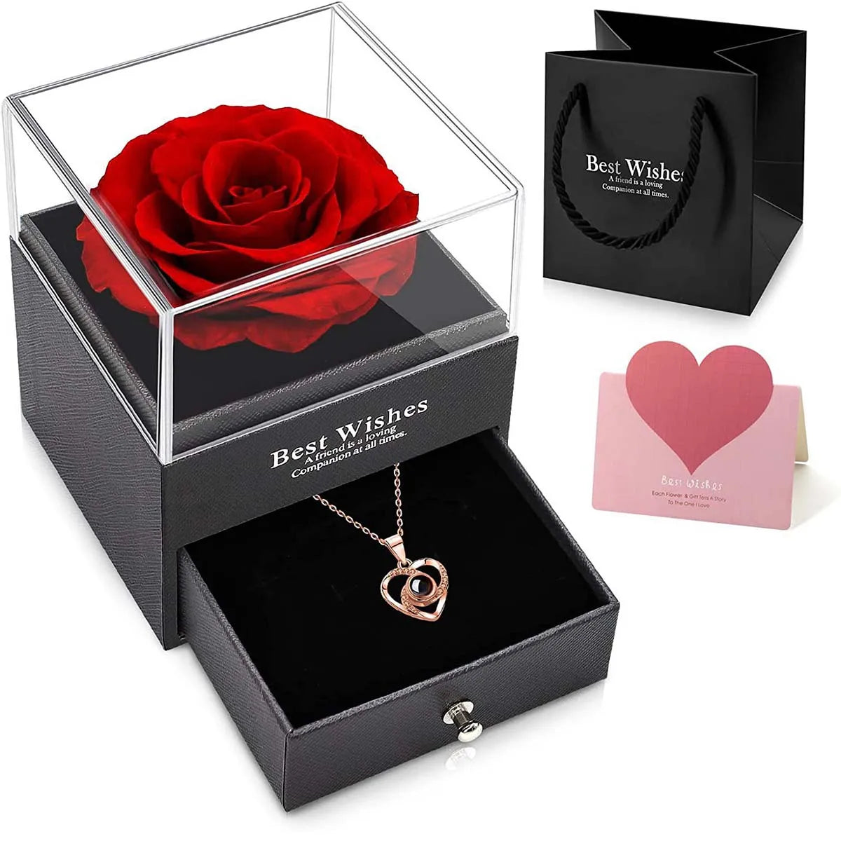 Coffret Cadeau - Rose éternelle avec un collier "I love you"