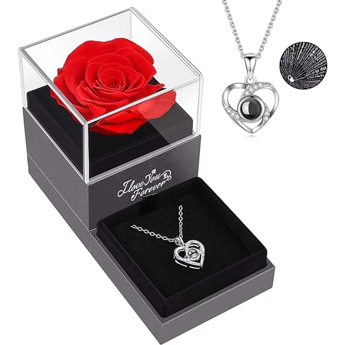 Coffret Cadeau - Rose éternelle avec un collier "I love you"